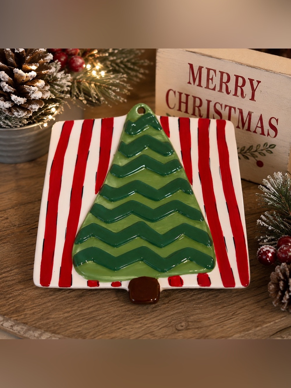Mud Pie Christmas Tree Trinket Dish Candy Cane Stripe Holiday Plate Decor